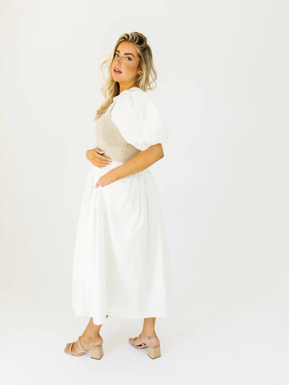 White Puff-Sleeve Midi Dress with Beige Knit Bodice - Picture 2 of 16